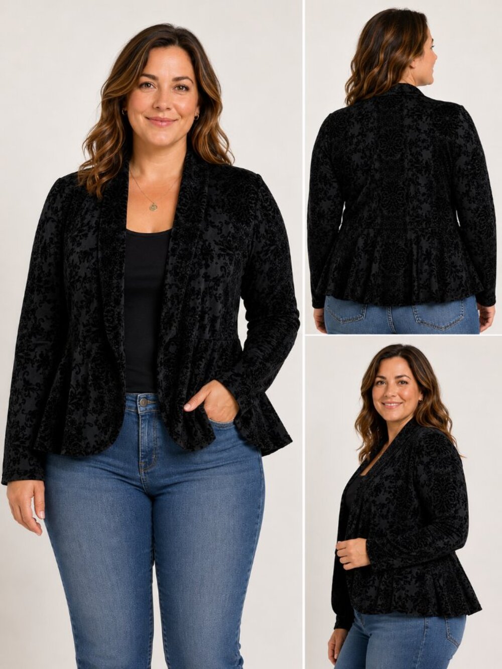 Black Flocked Velvet Peplum Open Front Jacket Topper